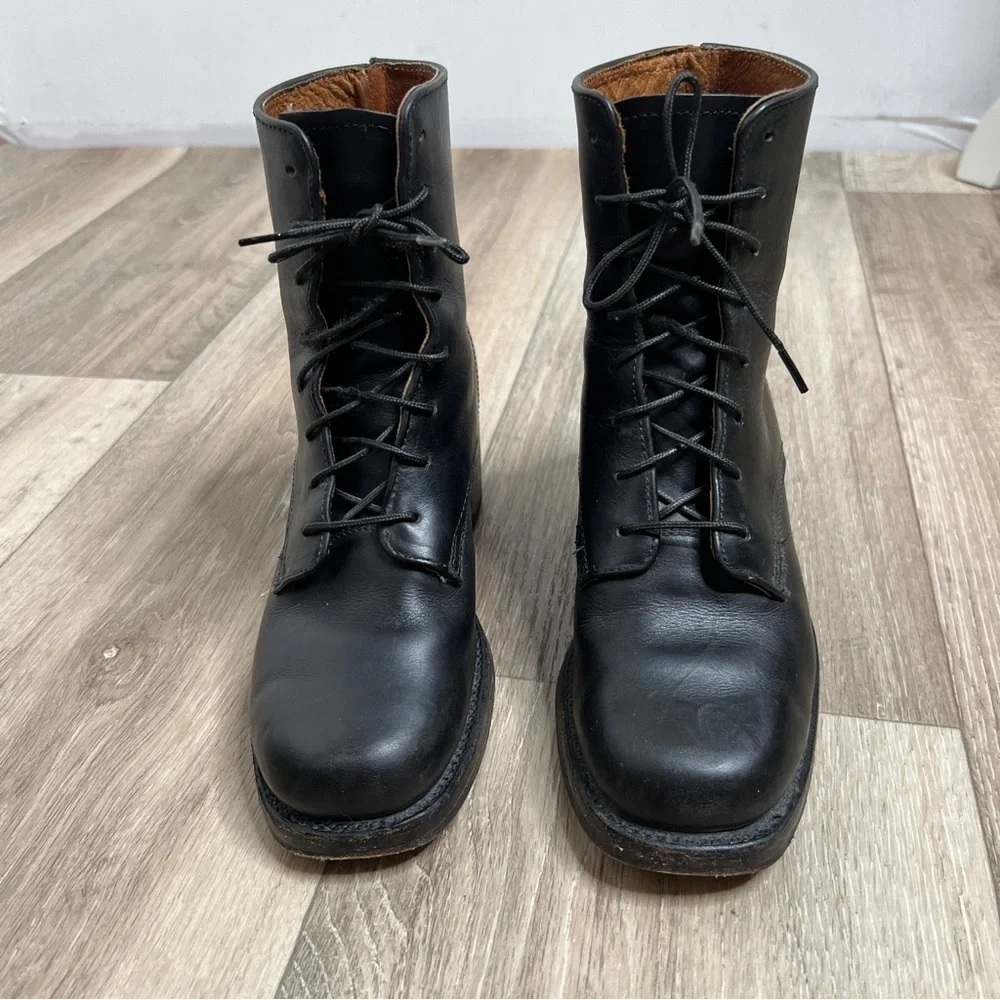FRYE Combat Black Leather Lace Up Booties Boots Size 5.5 - Picture 3 of 16